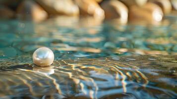 A solitary cave pearl resting on the edge of a pool its reflective surface creating a mesmerizing ripple effect in the water photo