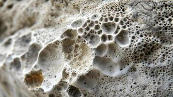 The tiny pores and craters of pumice create a rough and porous surface that feels rough to the touch photo
