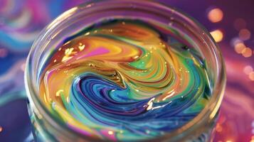 The top layer of a jar of scented wax appearing smooth and shiny with mesmerizing swirls of color throughout photo