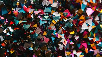 Macro shot of tered confetti revealing intricate patterns and designs within the individual pieces photo