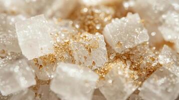 A close up of white sugar crystals with a few golden specks of impurities adding contrast photo