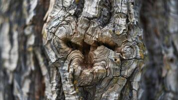 A macro shot of a tree knots rough surface showcasing the torn layers and s of small bumps interwoven within photo