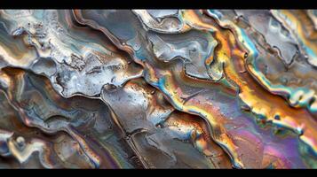 An upclose view of steel that has been treated with a chemical process resulting in a flawlessly smooth texture with a light iridescent sheen photo