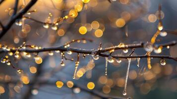 A closeup of a tree branch covered in thin layers of frozen dew each drop catching the light and sparkling like diamonds photo