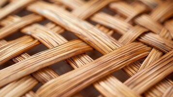 Detailed closeup of a rattan basket with a crisscross pattern showcasing the meticulous craftsmanship and attention to detail in the weaving process photo
