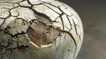A closeup of a large fissure running down the side of a ceramic vase highlighting the intricate patterns and lines formed by the fracture photo
