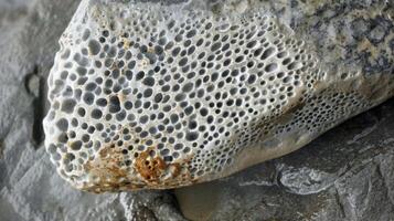Smooth elongated stone dotted with tiny pits giving it a unique and interesting texture photo