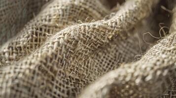 A macro shot of a linen textile highlighting its rough and slightly uneven texture with visible individual fibers and knots photo