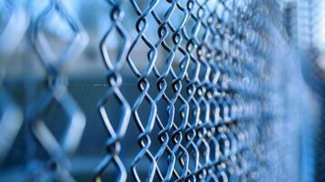 A closeup of a galvanized steel mesh fence highlighting its linear texture and sharp angular patterns photo