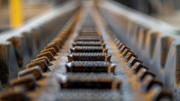 A closeup of the gripping teeth on the edges of the conveyor belt providing a jagged and sharp texture that ensures a firm hold photo