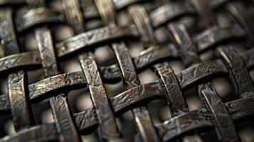 A closeup view of the intricate weaving revealing small imperfections and variations in the metal photo