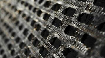 A series of tiny holes bordered by a sy framework of woven steel wires photo