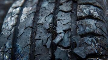 With faded black rubber and patches of thread showing through this tire has seen countless miles and bears the scars to prove it photo