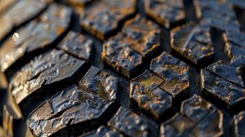 A closeup of a wornout tire reveals a mosaic of small circular patterns reminiscent of a honeycomb photo