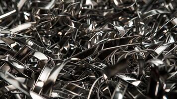 Fine intricately textured metal particles intertwined with each other resembling a pile of metallic confetti photo