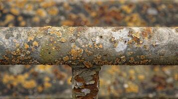 A section of a handrail covered in a thick layer of grime and dotted with small tered scratches photo