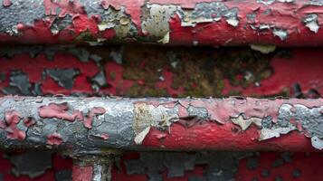 The texture of peeling paint and builtup grime on a metal handrail revealing hints of a bright red underneath photo