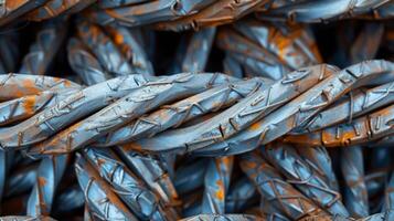 A bundle of thin coated steel wires tightly bound together in a braidlike pattern photo