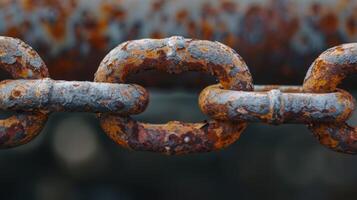 A closeup of a rusted chain link highlighting the contrast between the dark rusted areas and the lighter more exposed sections of metal photo