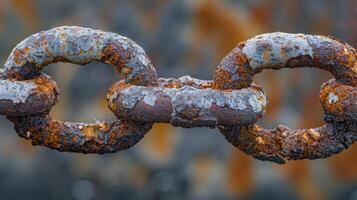 A macro shot of a rusted chain link illustrating the gritty and corroded texture that has formed on the surface of the metal photo