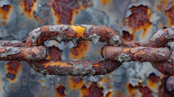 A closeup of rustcolored flakes and chips peeling off a chain link creating a rough and jagged texture photo