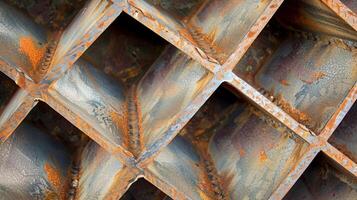 A closeup of a welded metal grid at an angle captures the depth and dimensionality of the texture with layers of overlapping metal creating a sense of intricacy photo