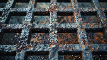 The closeup of a welded metal grid showcases the rough and rugged surface with a mix of smooth and sharp edges adding a sense of industrial style to the texture photo