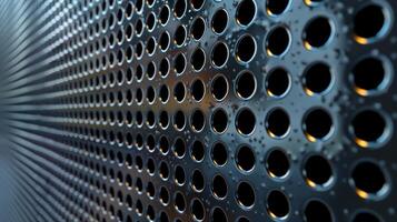 A view of perforated metal sheets showcasing an intricate pattern of small circular holes in a repeating design photo