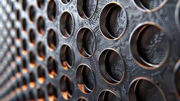 The texture of a perforated metal sheet resembling a honeycomb or beehive with perfectly spaced holes creating a geometric pattern photo