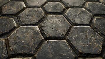 A textured closeup of a patterned industrial flooring made from large hexagonal tiles the surface etched with swirling lines and tered with tiny divots and indentations photo