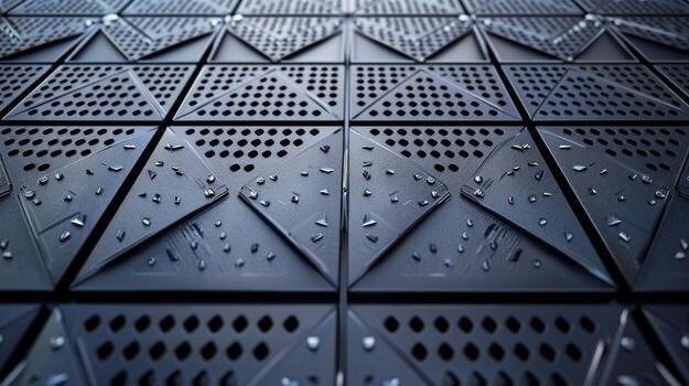 A detailed shot capturing the intricate design of a patterned industrial floor composed of small interlocking triangles creating a dynamic visual effect of overlapping triangles photo