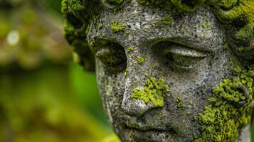 A closeup of a mosscovered statue with fuzzy green tendrils clinging to its features and adding an element of organic texture to the otherwise solid and smooth stone photo