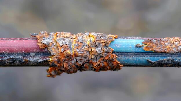 In the third image the coating on the wire appears to be cracked and peeling exposing the under layer of different colored wiring. The surface is rough and uneven giving the impressio photo