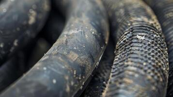 The texture of this aged rubber hose is smooth with a slight tackiness betraying its resistance to oils and other fluids photo