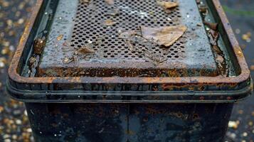 The lid of the bin is covered in a thick layer of grime making it difficult to open and revealing the bins neglect and lack of cleaning photo