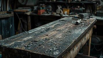 The workbench in the fourth image is covered in layers of dust and grime making its wooden surface appear rough and neglected photo