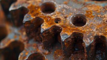 A closeup of a rusty sprocket with a gritty textured surface appearing almost jagged and worn from years of use photo