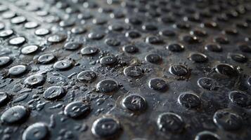 Small intricate dots and circles form a delicate and whimsical pattern against the rough cold texture of the industrial metal flooring photo