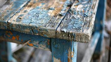 The sixth image shows a workbench with rough edges and jagged corners with old paint flaking off and revealing the raw wood underneath photo