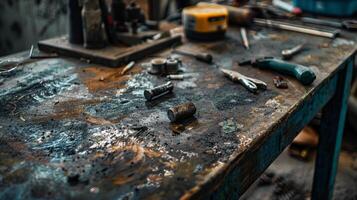 The fifth image showcases a workbench with a gritty and uneven texture with tools tered around and splotches of oil and grease adding to the griminess photo