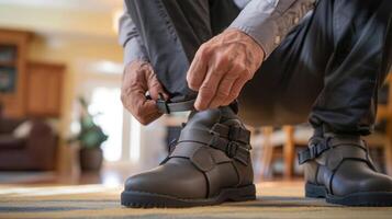 A man with limited hand dexterity wearing adaptive shoes with adjustable closures allowing him to put on and take off his shoes independently photo