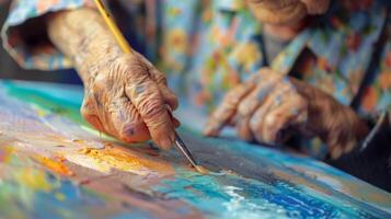 An elderly person with Alzheimers disease creating a selfportrait tapping into their inner self and preserving their identity through art photo