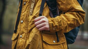 A person with limited hand function wearing a jacket with loop closures instead of buttons allowing for more independence in dressing photo