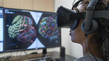 A person wearing a VR headset while engaging in virtual reality brain exercises photo