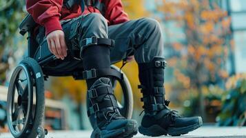 A person with a spinal cord injury wearing adaptive pants with easyopen snaps on the sides allowing them to get dressed while in a seated position photo