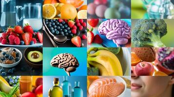 A collage of colorful images representing various activities that contribute to a healthy brain such as exercising eating nutritious foods and engaging in cognitive exercises photo