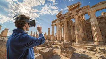 A person using VR to tour ancient ruins stimulating their brain with history and culture lessons photo
