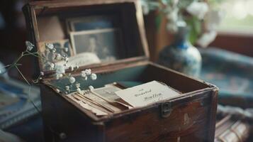A closeup shot of a memory box with a handwritten label reading treasured memories representing the sentimental value of personal items photo
