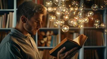 A man reading a book exercising his brain through reading comprehension and critical thinking photo