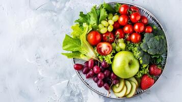 Fresh fruits and vegetables on a plate representing the importance of a balanced diet for brain health photo
